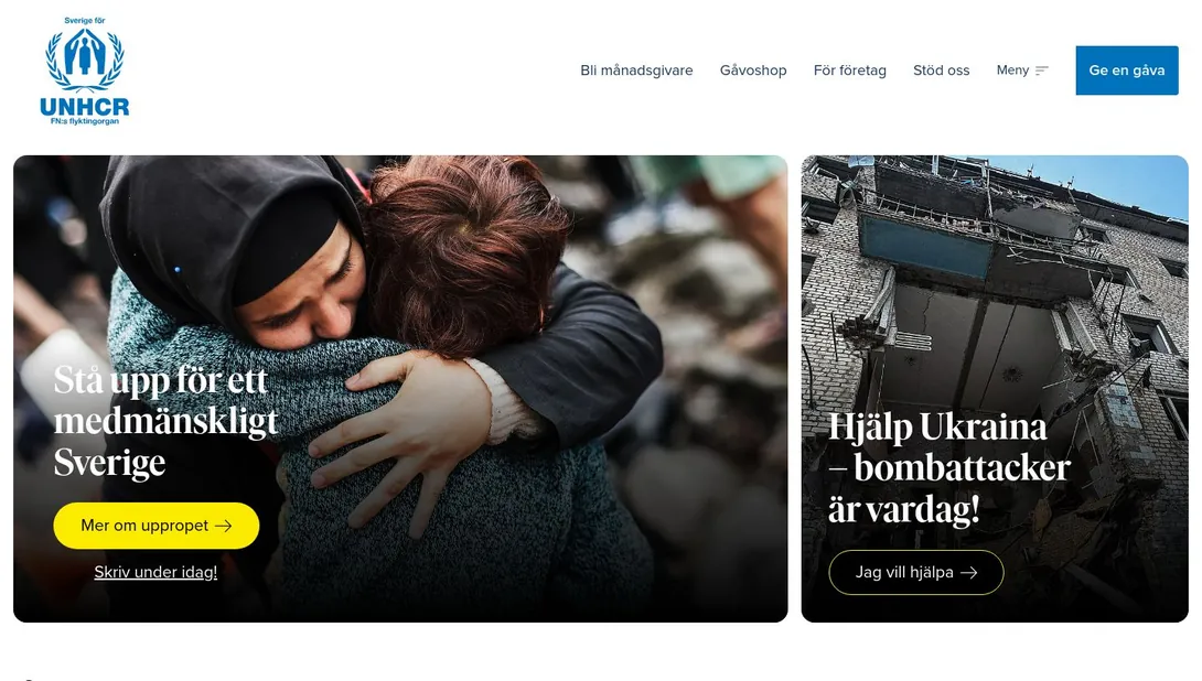Skärmdump av sverigeforunhcr.se
